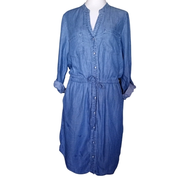 Banana Republic Button Up Midi Length Roll Tab Sleeve Chambray Shirt Dress Sz 8 - Picture 1 of 6